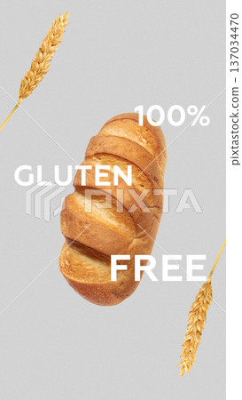 Bread labeled as 100 percent gluten free with wheat stalks shown on each side for Easter celebration 137034470