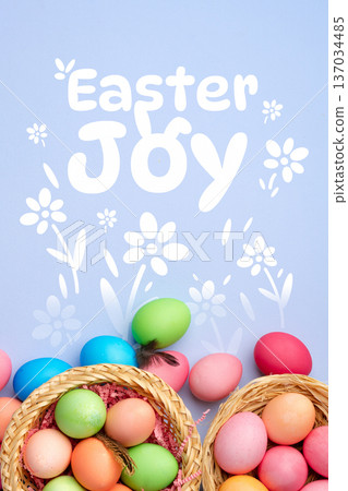 Happy Easter celebration with colorful eggs and decorations in a cheerful setting Happy Easter celebration with colorful eggs and decorations in a cheerful setting 137034485