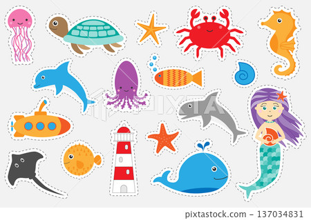 Different colorful pictures of ocean animals for children, fun education game for kids, preschool activity, set of stickers, vector illustration Different colorful pictures of ocean animals for children, fun education game for kids, preschool activity, set of stickers, vector illustration 137034831