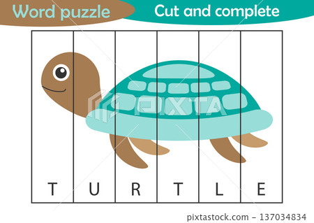Word puzzle, turtle in cartoon style, education game for development of preschool children, use scissors, cut parts of the image and complete the picture, vector illustration 137034834