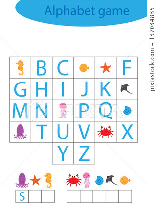 Sea world alphabet game for children, make a word, preschool worksheet activity for kids, educational spelling scramble game for the development of children, vector illustration Sea world alphabet game for children, make a word, preschool worksheet activity for kids, educational spelling scramble game for the development of children, vector illustration 137034835