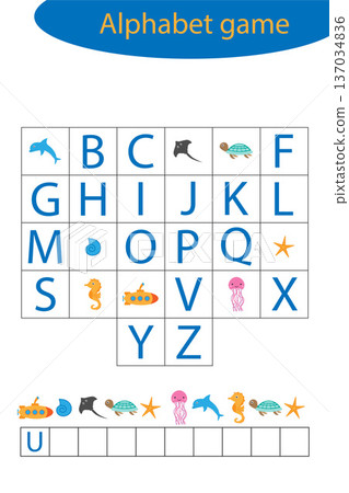 Underwater alphabet game for children, make a word, preschool worksheet activity for kids, educational spelling scramble game for the development of children, vector illustration 137034836