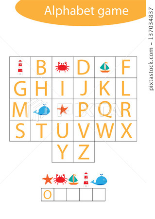 Ocean animals alphabet game for children, make a word, preschool worksheet activity for kids, educational spelling scramble game for the development of children, vector illustration 137034837