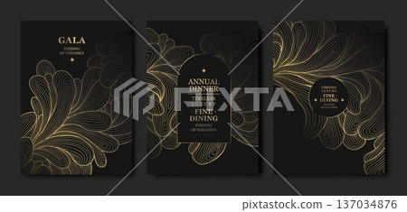 Luxury dark background, elegant gold floral line pattern, leaves, flowers. Vector design wedding invitations, gala dinners, wine labels, birthday cards, tropical event flyers Luxury dark background, elegant gold floral line pattern, leaves, flowers. Vector design wedding invitations, gala dinners, wine labels, birthday cards, tropical event flyers 137034876