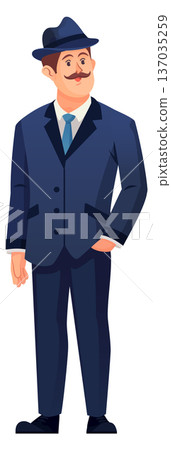Fancy gentleman in retro bowler hat cartoon character pose Fancy gentleman in retro bowler hat cartoon character pose 137035259
