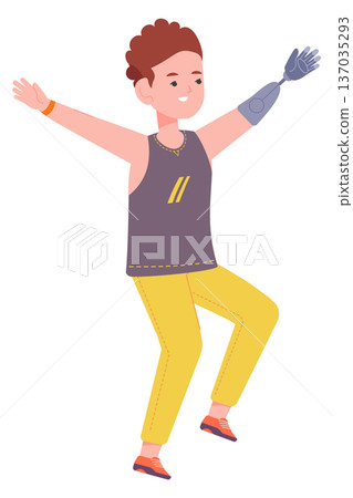 Positive boy with artificial hand. Mechanic arm character Positive boy with artificial hand. Mechanic arm character 137035293