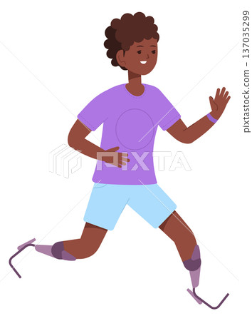 Running kid with prosthetic legs. Artificial limb athlete Running kid with prosthetic legs. Artificial limb athlete 137035299