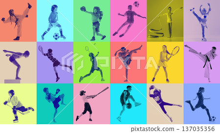Vibrant duotone kids sports collage in bold color blocks with energetic studio action poses Vibrant duotone kids sports collage in bold color blocks with energetic studio action poses 137035356