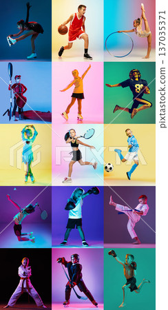 Vibrant kids sports collage in colorful studio lighting with dynamic action poses Vibrant kids sports collage in colorful studio lighting with dynamic action poses 137035371