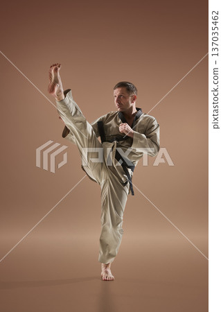 Adult martial artist performing high front kick in beige uniform with black belt on studio background. 137035462