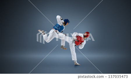 Taekwondo competitors executing high kick and counterattack in studio with red and blue body protectors. Taekwondo competitors executing high kick and counterattack in studio with red and blue body protectors. 137035473