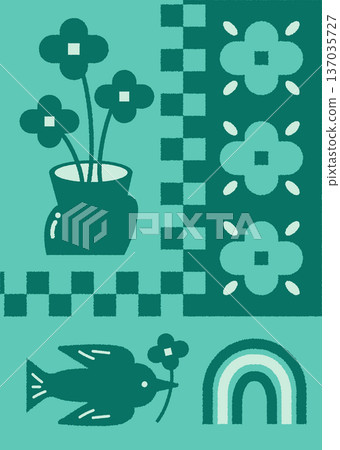 Green flowers and birds illustration Green flowers and birds illustration 137035727