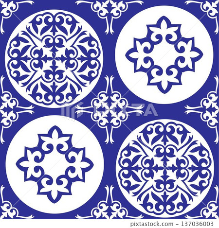 Pattern of white arabesque ikat-inspired designs set against a deep royal blue background, suitable for tiling, textile. Seamless pattern with decorative ornament. 137036003