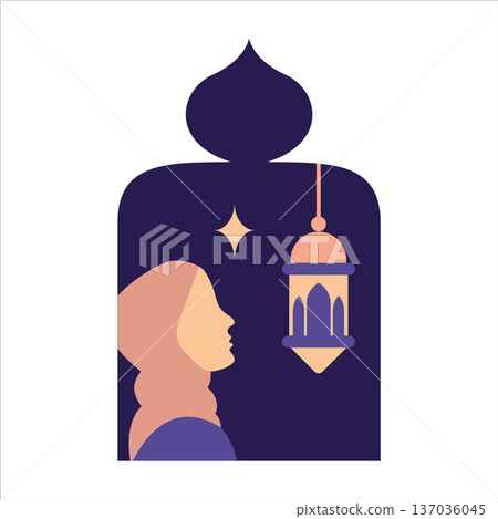 Muslim woman in hijab and lantern flat color illustration Muslim woman in hijab and lantern flat color illustration 137036045