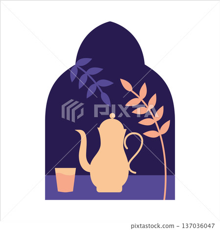 Arabic coffee pot and cup flat color vector illustration Arabic coffee pot and cup flat color vector illustration 137036047