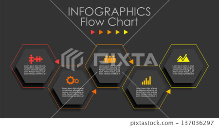 Modern infographic flow chart with colorful hexagons, arrows, and icons for business process visualization. Vector illustration. 137036297