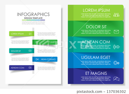 Dual infographic layouts with numbered steps, icons, text for business, planning, or presentation purposes. Vector illustration. 137036302
