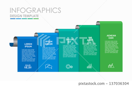 Modern 5-step infographic with gradient ribbons, icons, and text blocks perfect for business processes. Vector illustration. 137036304