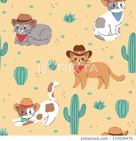 Seamless pattern with cute cats in cowboy hats. Vector graphics. Seamless pattern with cute cats in cowboy hats. Vector graphics. 137036470