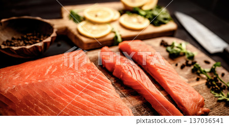 fillet of salmon red fish with herbs and lemon ready for cooking 137036541