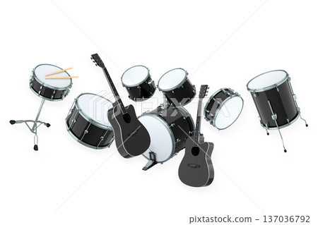 Set of electric acoustic guitars and drums with cymbals on white background Set of electric acoustic guitars and drums with cymbals on white background 137036792
