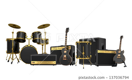 Set of electric acoustic guitars and drums with cymbals on white background 137036794