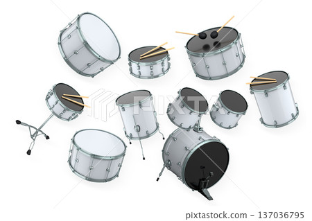 Set of drums and drumset with metal cymbals on white background Set of drums and drumset with metal cymbals on white background 137036795