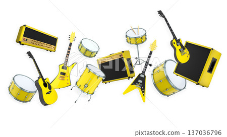 Set of electric acoustic guitars and drums with cymbals on white background Set of electric acoustic guitars and drums with cymbals on white background 137036796