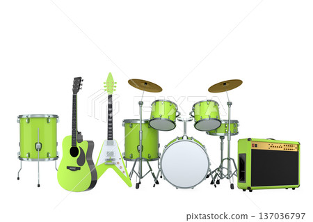 Set of electric acoustic guitars and drums with cymbals on white background Set of electric acoustic guitars and drums with cymbals on white background 137036797