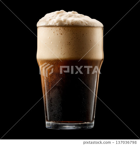 Foamy dark stout beer in a pint glass with creamy foam head, isolated on black background, concept of refreshment and taste 137036798