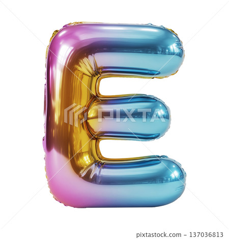Multicolor metallic inflated balloon letter E shown in glossy style isolated on white background, celebration and festive concept Multicolor metallic inflated balloon letter E shown in glossy style isolated on white background, celebration and festive concept 137036813