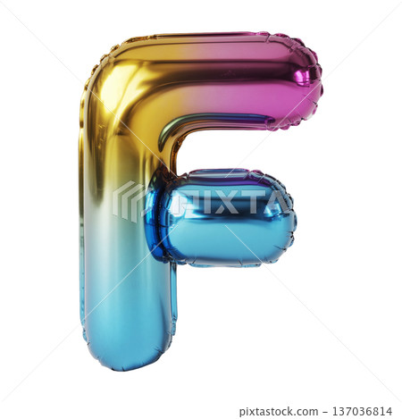Multicolor metallic inflated balloon letter F shown in glossy style isolated on white background, celebration and festive concept 137036814
