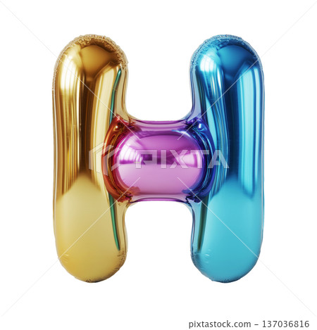 Multicolor metallic inflated balloon letter H shown in glossy style isolated on white background, celebration and festive concept Multicolor metallic inflated balloon letter H shown in glossy style isolated on white background, celebration and festive concept 137036816