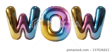 Multicolor metallic WOW balloon letters shown in glossy style isolated on white background, symbolizing celebration and fun Multicolor metallic WOW balloon letters shown in glossy style isolated on white background, symbolizing celebration and fun 137036821