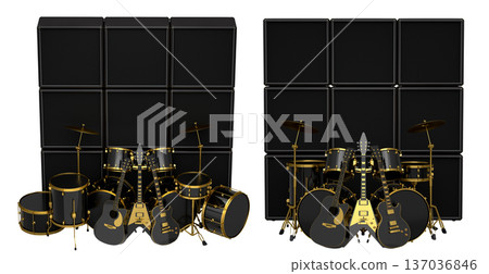 Set of realistic drums with metal cymbals or drumset and amplifier on white 137036846