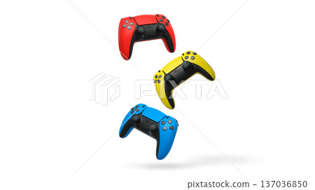 Wireless gaming controllers flying in air isolated on white background, symbolizing gaming technology concept 137036850