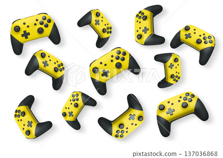 Wireless gaming controllers flying in air isolated on white background, symbolizing gaming technology concept 137036868
