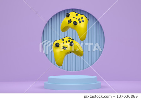 Colorful gaming controllers joystick levitating over podium against abstract background, minimalist concept device on pedestal Colorful gaming controllers joystick levitating over podium against abstract background, minimalist concept device on pedestal 137036869