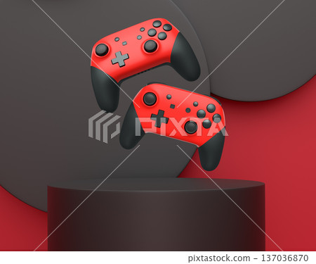 Colorful gaming controllers joystick levitating over podium against abstract background, minimalist concept device on pedestal 137036870