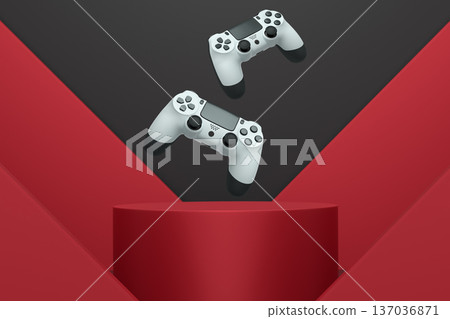 Colorful gaming controllers joystick levitating over podium against abstract background, minimalist concept device on pedestal 137036871