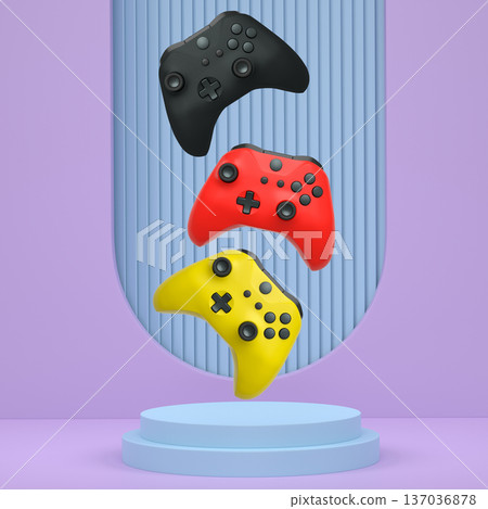 Colorful gaming controllers joystick levitating over podium against abstract background, minimalist concept device on pedestal Colorful gaming controllers joystick levitating over podium against abstract background, minimalist concept device on pedestal 137036878