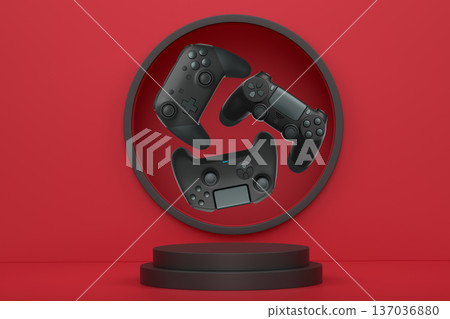 Colorful gaming controllers joystick levitating over podium against abstract background, minimalist concept device on pedestal Colorful gaming controllers joystick levitating over podium against abstract background, minimalist concept device on pedestal 137036880