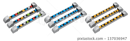 Set of Airport luggage conveyor belt or baggage claim area with suitcases on white. 137036947
