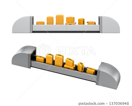 Set of Airport luggage conveyor belt or baggage claim area with suitcases on white. 137036948