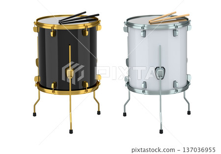 Set of drums and wooden drum sticks on white. 3d render of musical instrument Set of drums and wooden drum sticks on white. 3d render of musical instrument 137036955