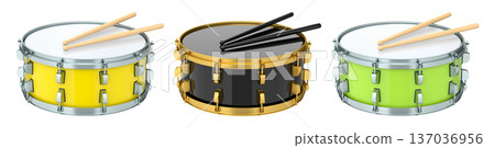 Set of drums and wooden drum sticks on white. 3d render of musical instrument 137036956
