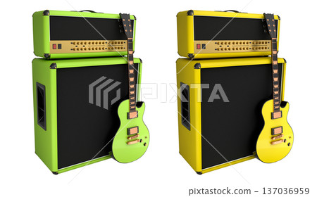 Set of amplifier with acoustic guitar isolated on white background. 137036959