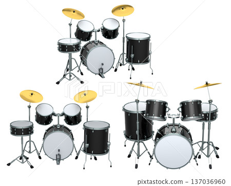 Set of realistic drums with metal cymbals or drumset on white background Set of realistic drums with metal cymbals or drumset on white background 137036960