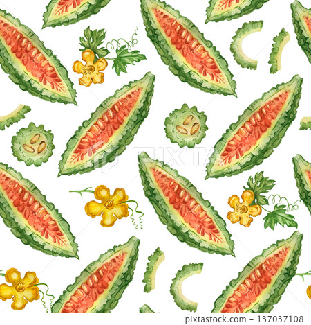 A seamless watercolor pattern of bitter melon, hand-painted in watercolor. Hand-drawn bitter melon slices and flowers are used for healthy food packaging and recipe design. 137037108