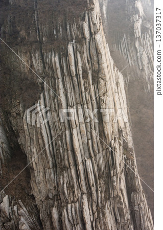 Dramatic vertical rock cliff with columnar formations Dramatic vertical rock cliff with columnar formations 137037317